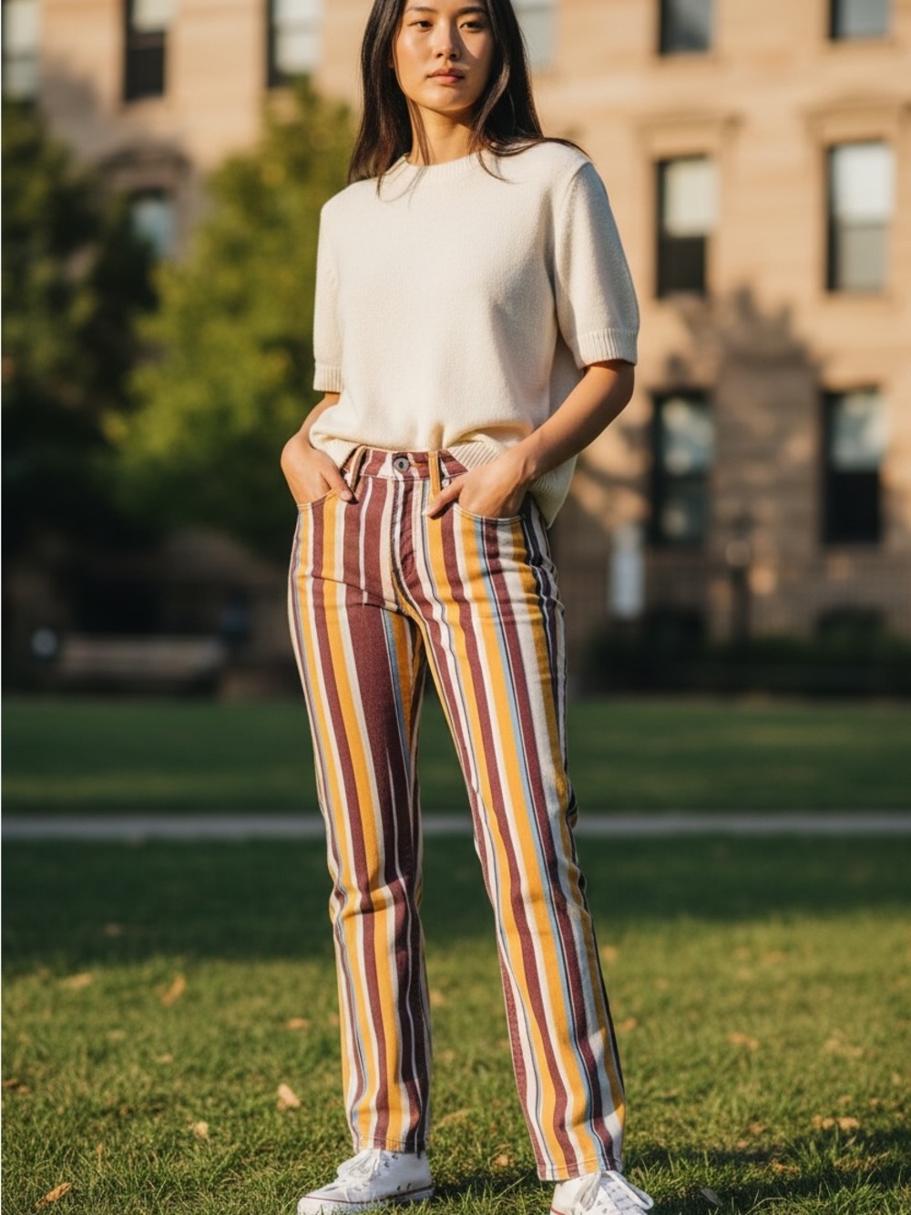 Frame Denim Vertical Multi-Stripe Jeans in Mustard, Burgundy & Blue